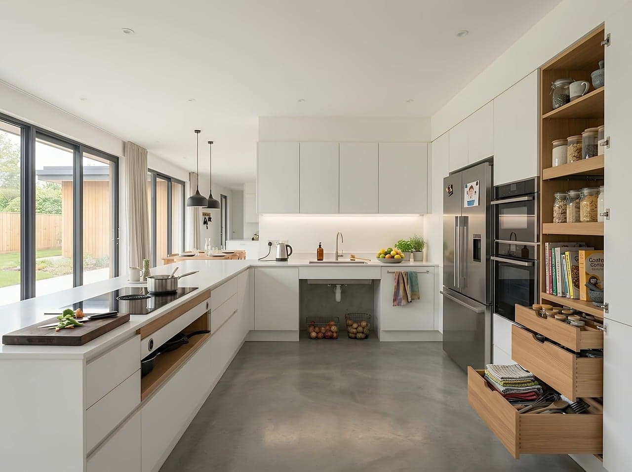 modern kitchen, interior design, kitchen counter, open pantry, induction cooktop